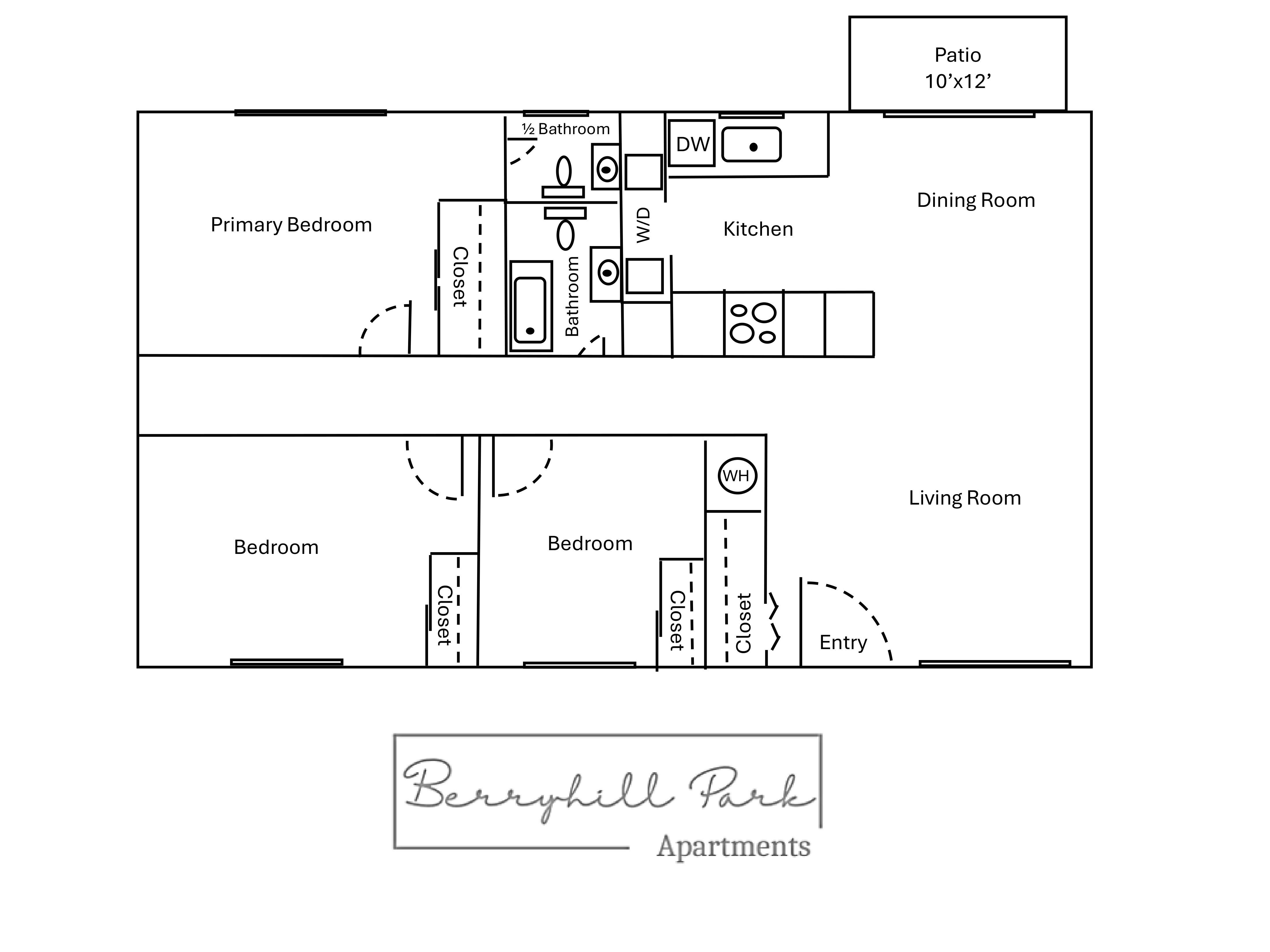 Floor plan for 3 beds, 1.5 baths, 950 sqft